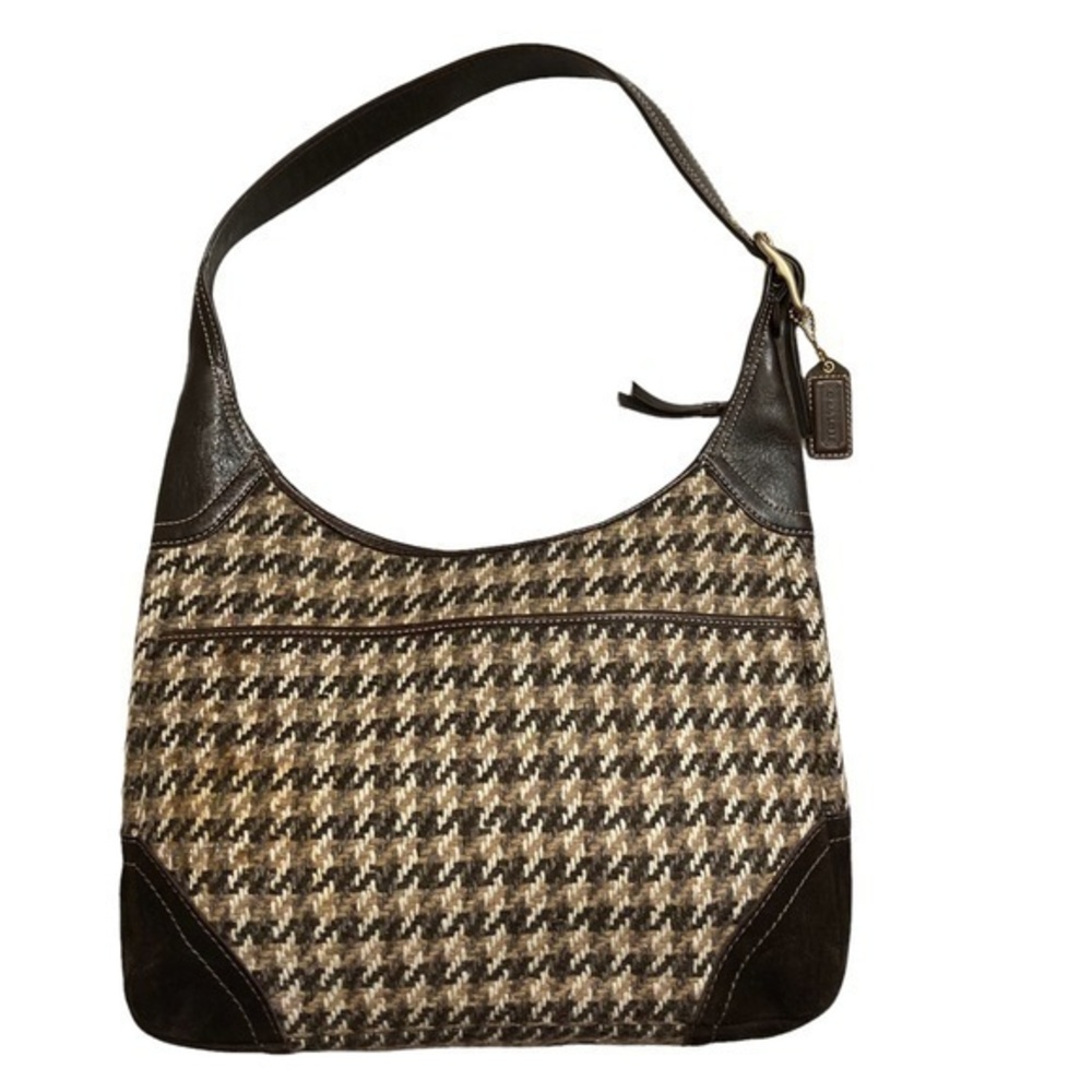 Coach brown suede and fabric herringbone bag